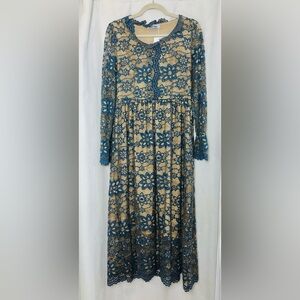 Coeur de Vague Lace Dress Blue Tan Floral Midi Long Sleeve Crew Neck 4 NWT New